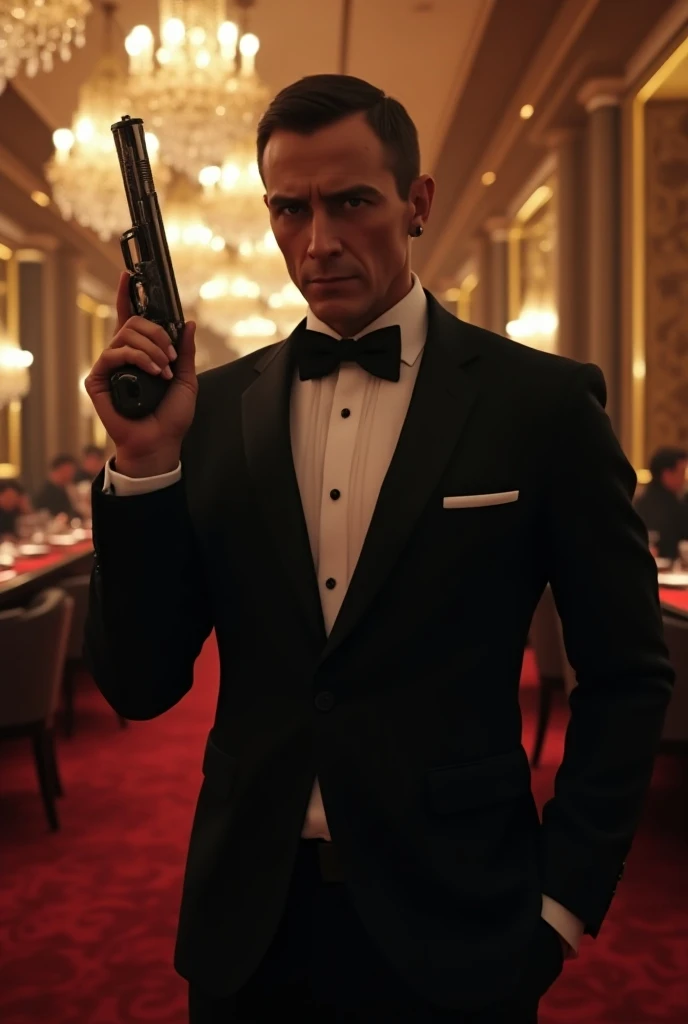 A breathtaking, hyper-realistic 16K 3D scene of a suave secret agent, reminiscent of James Bond, in the heart of a high-stakes mission. He’s dressed impeccably in a sleek, custom-tailored black tuxedo with a bow tie, holding a futuristic, silver-plated pis...