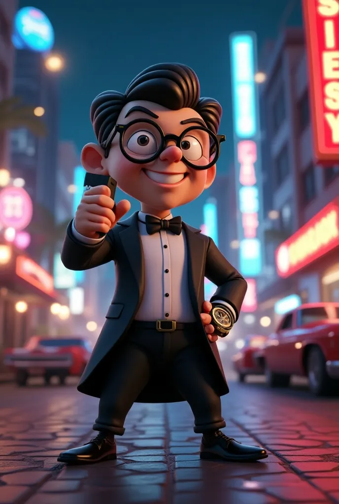 A dazzling, ultra-detailed 16K 3D cartoon illustration of a hilarious yet charming secret agent character, with exaggerated, comical features and vibrant colors. This animated agent, with a goofy grin, oversized round glasses, and a sleek tuxedo too big for his small frame, is mid-action in a bustling cityscape at night. He’s gripping a tiny, high-tech gadget with flashing buttons, looking both intensely focused and hilariously clueless, giving a mix of charm and humor.

The scene is packed with playful details: a classic spy car with enormous tires, gadgets spilling out of his pockets, and a colorful, gadget-laden watch on his wrist with absurdly large buttons. In the background, a quirky villain lurks, and funny sidekicks—a talking briefcase and a robotic pigeon—hover nearby, adding to the cartoonish appeal. Neon lights, bustling cafes, and skyscrapers set the vibrant, lively atmosphere of a spy mission gone slightly off the rails.

With 'high-energy lighting, vivid colors, and intricate cartoon textures,' this scene is filled with humor and charm, combining spy thrills with animated, whimsical fun. Smoke effects, sparkling gadgets, and dynamic action lines bring it all to life, making this secret agent a delightful, captivating hero with endless cartoon appeal.