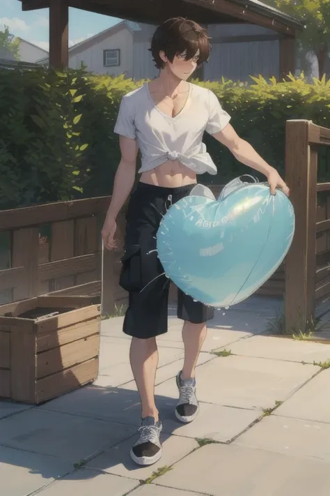 1boy, male focus, solo, brown hair, shaggy hair, midriff peek, v neck shirt, cargo shorts, sneakers, massive breasts:1,  breast ...