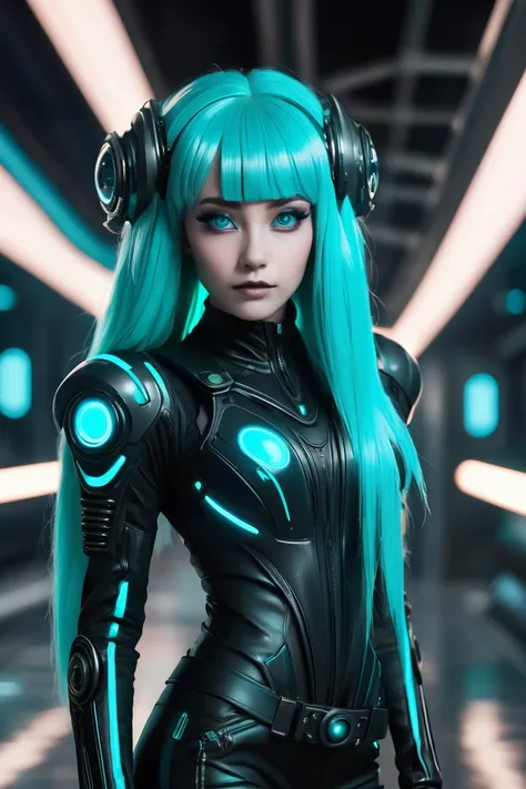 female alien with long cyan  hair   and  glowing eyes wearing   black and cyan sci fi style outfit  ,  sci fi/futuristic  setting