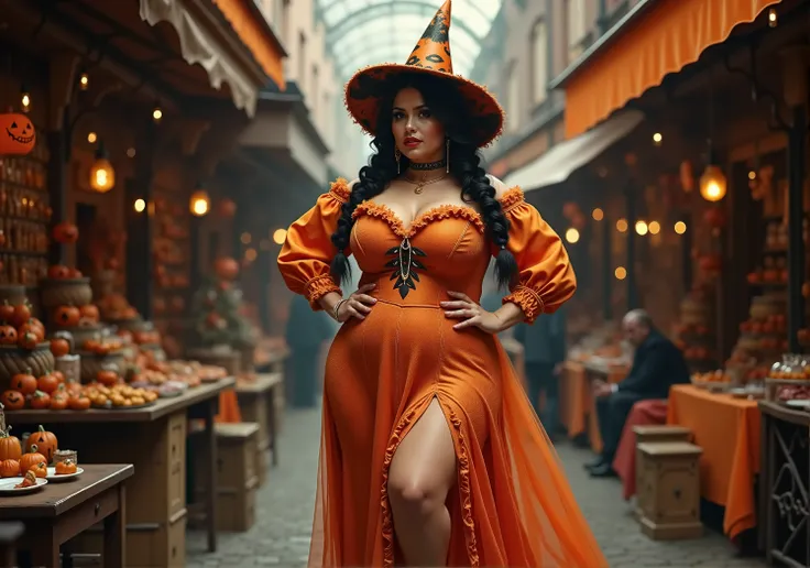 A beautiful curvaceous brunette girl in a tight gothic Halloween witchs dress featuring shades of orange with slit and frills, wearing witchs hat, beautiful (plus size) girl ,large breast:1.5, ( wide trapezoidal hips:1.5),(orange theme),(hands on hips:1.5)...