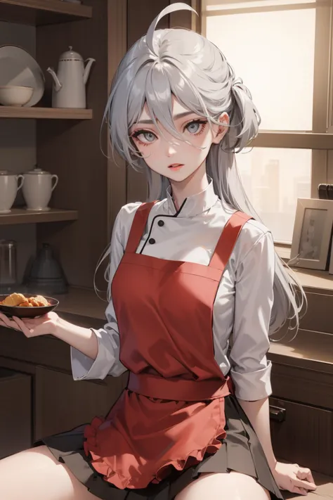 miorine rembran, ahoge, (grey eyes:1.5), grey hair, hair between eyes, (long hair:1.25), swept bangs, 
break (white shirt, apron...