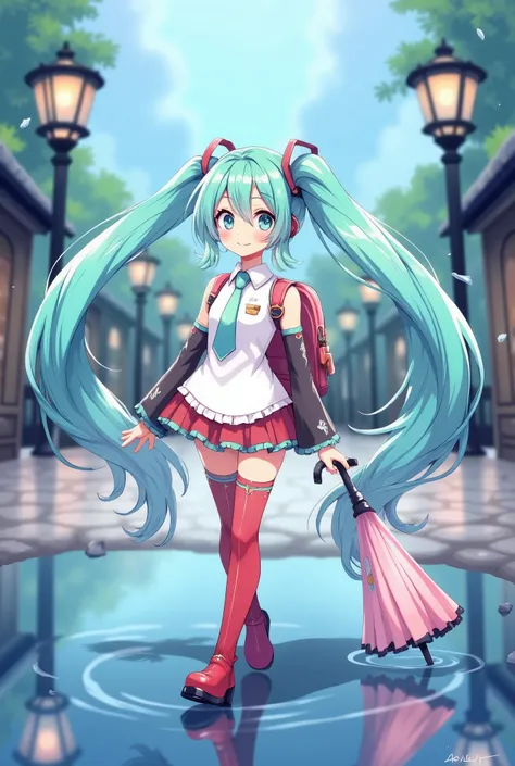 (masterpiece、Best Quality、Best Quality、Official Art、Beautiful and beautiful:1.2)、(One person:1.3) Hatsune Miku、 twin tails,Beautiful breasts,、Use an umbrella、 after rain、 look up at the sky、Red boots 、 red skirt 、Short-sleeved shirt、 carrying a backpack、 f...