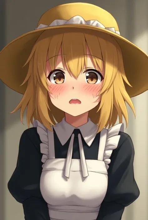 woman, girl, female, high quality, yellow hair, yellow hat, wide-brimmed hat, maid, maid dress, black dress, apron, ribbon, white ribbon on neck, crying, weeping, whimper, short hair, anime, animation,