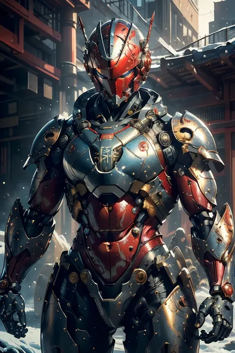 ((heavy duty iron plate armor)), (metallic: 1.5, red suit: 1.5, machine parts are visible under the suit), (japanese hero, whole...