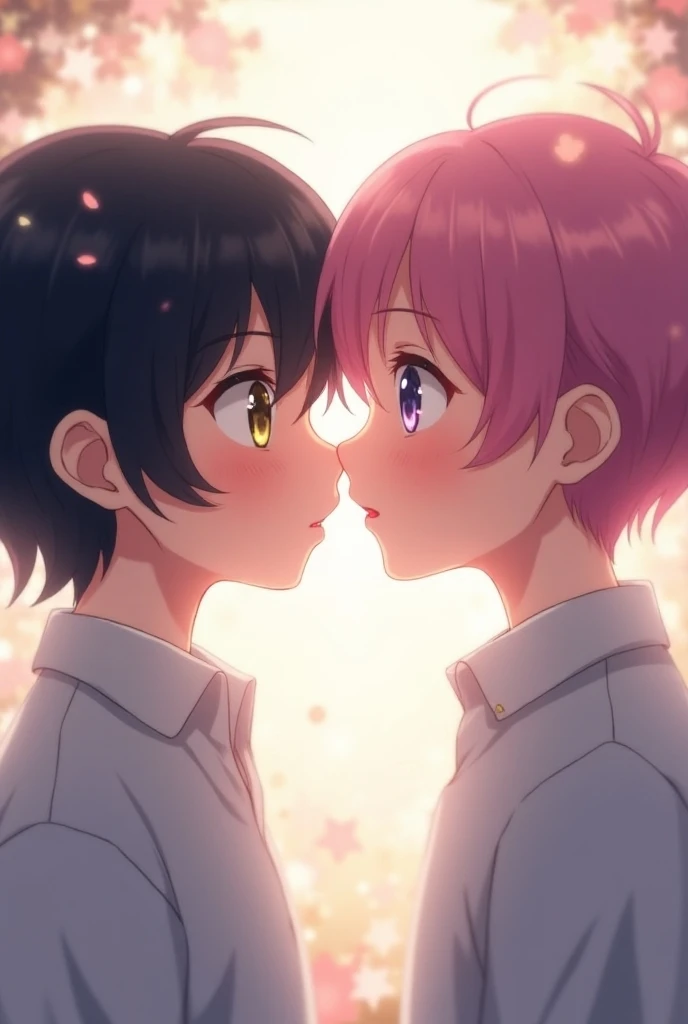 An anime boy with medium black hair, A blue eye and a yellow eye kissing another boy with short pink hair and purple eyes