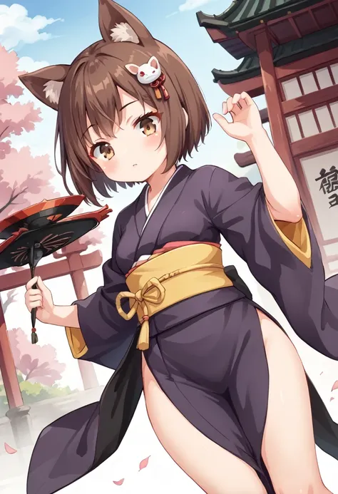 1girl, animal ears, brown hair, hair ornament, japanese clothes, kimono, short hair, ninja