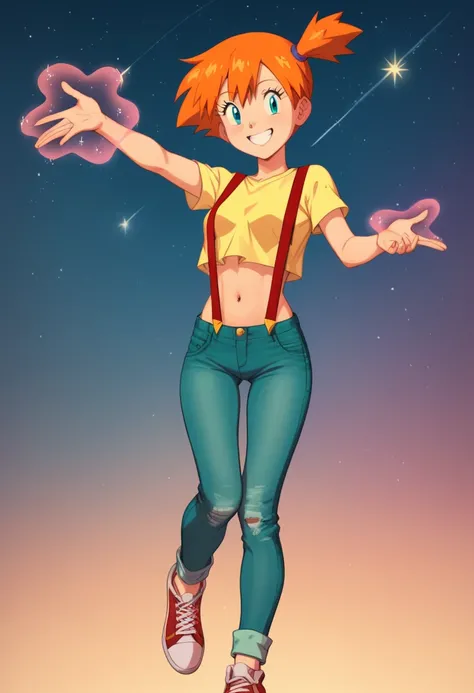  (total body), 1girl, 1solo, misty (pokemon) (Berry Short, Orange Hair, one side up hair, Big aqua eyes, Small breasts, Skinny) (yellow sleeveless T-shirt,Belly button exposed,Denim pants,Red suspenders,sneakers), readiant smile, star , beautiful girl, mag...