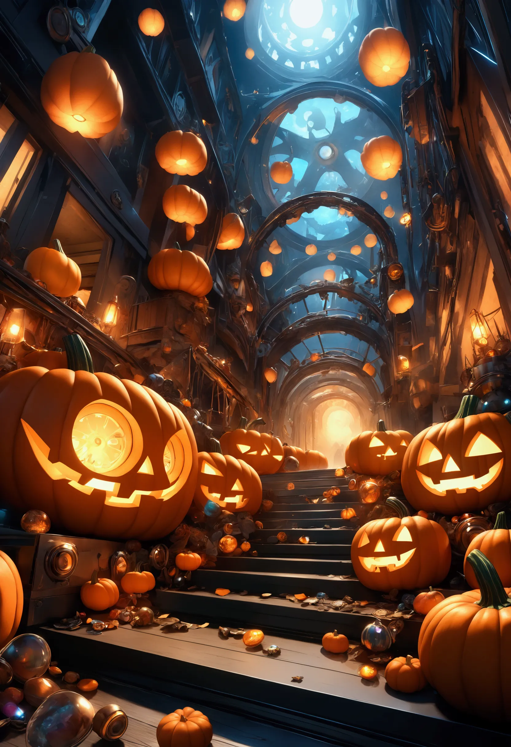 Piles of pumpkins\(machine-made, mechanical, jack-o-lanterns\).Steampunk, light-emitting diodes, futuristic, cool style. BREAK  floor covered with many candy\(futuristic, glowing\)\), BREAK ,quality\(8k,wallpaper of extremely detailed CG unit, high resolution, top-quality, top-quality real texture skin, hyper realistic, increase the resolution, RAW photos, best quality, highly detailed, the wallpaper,golden ratio,high saturation realism, vibrant colors, dramatic lighting, persuasive storytelling, atmospheric scenery, captivating visuals, intricate details, strong emotions,dreamlike world\),dynamic camera angle,from below