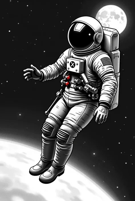 create a tattoo-style illustration of an astronaut in a sleek black and white spacesuit, focusing intently on the astronaut as t...