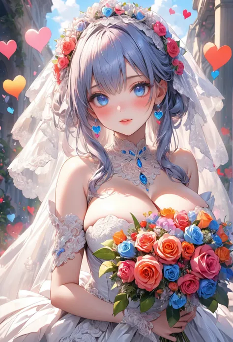 raw photo:1.2, masterpiece, highest quality, 16k, unbelievably absurd, very detailed, perfect beauty, beautiful  girl bride with holding roseis bouquet: 1.2,vibrant colors illustration, speech bubble (meow❤hearts)detailed beautiful face and eyes，(Big breas...