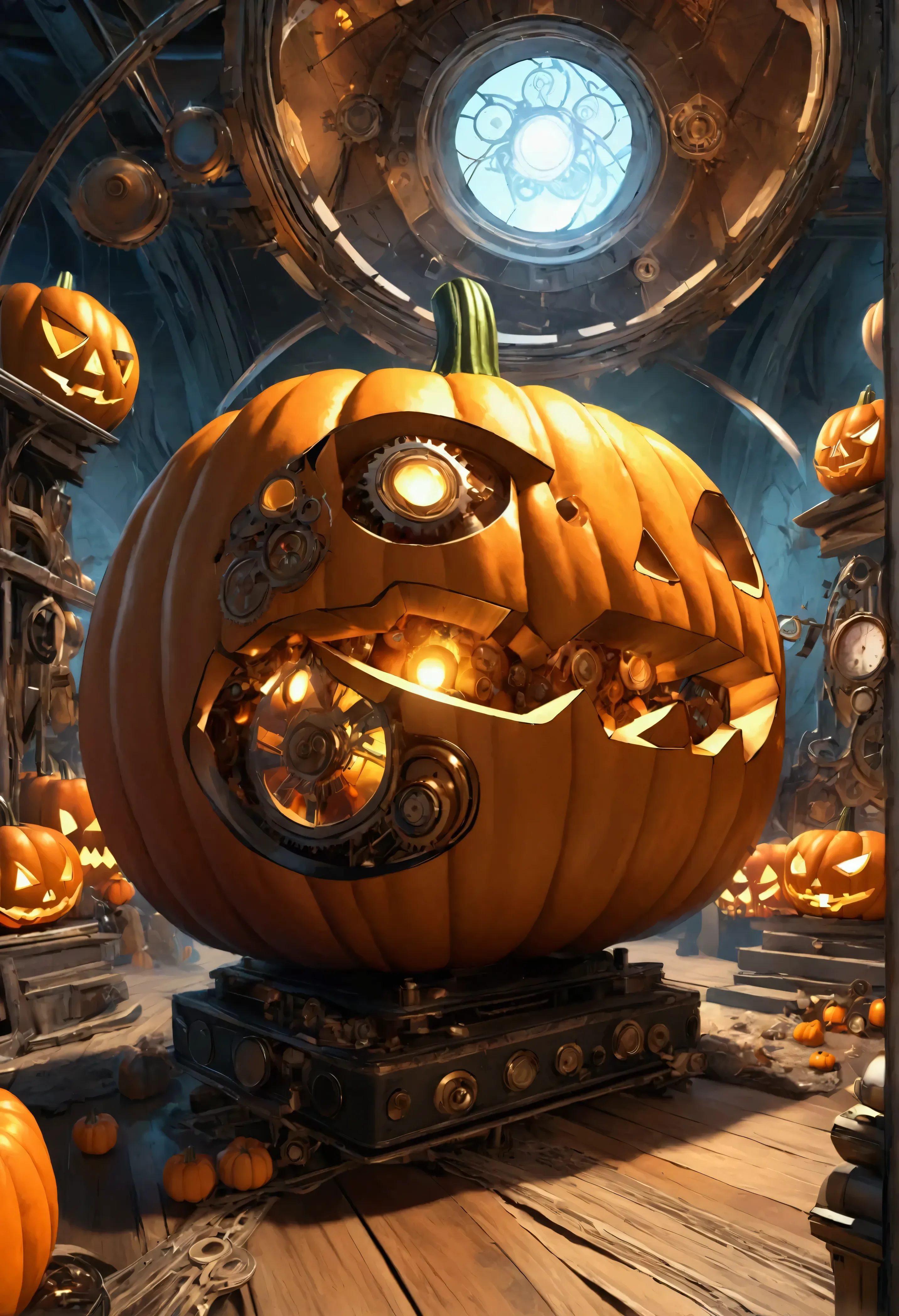 
Piles of pumpkins\(machine-made, mechanical, jack-o-lanterns\).Steampunk, light-emitting diodes, futuristic, cool style. BREAK floor covered with many candy\(futuristic, glowing\)\), BREAK ,quality\(8k,wallpaper of extremely detailed CG unit, high resolution, top-quality, top-quality real texture skin, hyper realistic, increase the resolution, RAW photos, best quality, highly detailed, the wallpaper,golden ratio,high saturation realism, vibrant colors, dramatic lighting, persuasive storytelling, atmospheric scenery, captivating visuals, intricate details, strong emotions,dreamlike world\),dynamic camera angle,from below,close up pumpkin