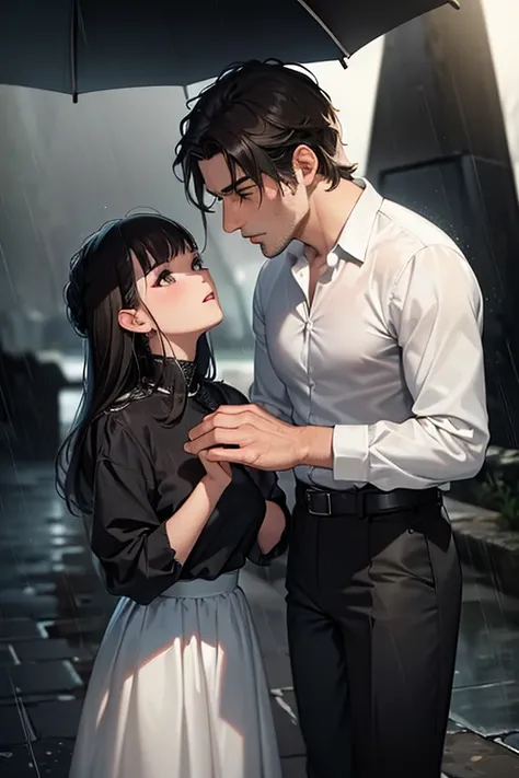 ((masterpiece)), ((Best Quality)), In the Rain, ( couple ), Perfectly detailed eyes, Perfectly detailed face, Ultra detailed nose,  depth of field,  Kampala, (( Realistic Skin Texture )), ( Balanced Hands ),  the mans hair is short and black ,  the mans cl...