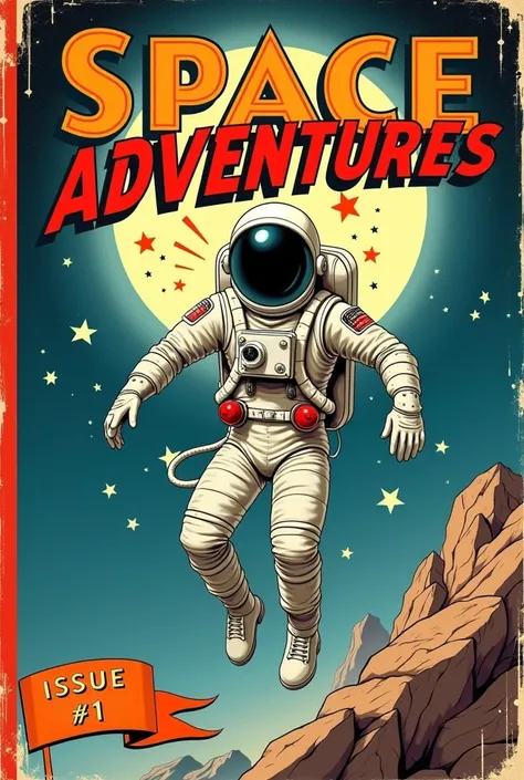 a vintage comic book cover showcasing a heroic astronaut in a classic, retro spacesuit, striking a dynamic pose in the foregroun...