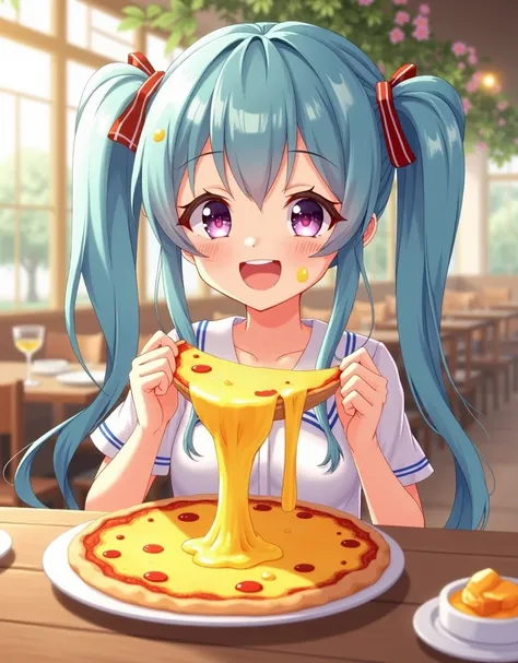  long light blue hair 、cute girl with twin tails、smile、Im eating pizza with lots of cheese 、 I have melted cheese on my face、Delicious smile、Im eating a cheese fondue where the cheese melts 、A bright restaurant decorated with cosmos that lets in sunlight