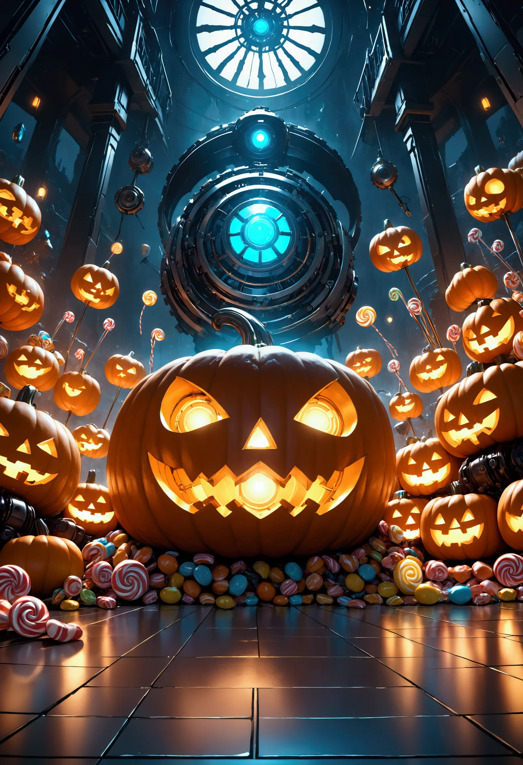 Piles of pumpkins\((machine-made), (mechanical:1.3), jack-o-lanterns\).Steampunk, light-emitting diodes, futuristic, cool style. BREAK  ,(floor covered with many candy\(futuristic, (glowing:1.3)\):1.3).background\(dark tawn of Halloween\), BREAK ,quality\(8k,wallpaper of extremely detailed CG unit, high resolution, top-quality, top-quality real texture skin, hyper realistic, increase the resolution, RAW photos, best quality, highly detailed, the wallpaper,golden ratio,high saturation realism, vibrant colors, dramatic lighting, persuasive storytelling, atmospheric scenery, captivating visuals, intricate details, strong emotions,dreamlike world\),dynamic camera angle,from below,close up pumpkin, (horror mood)