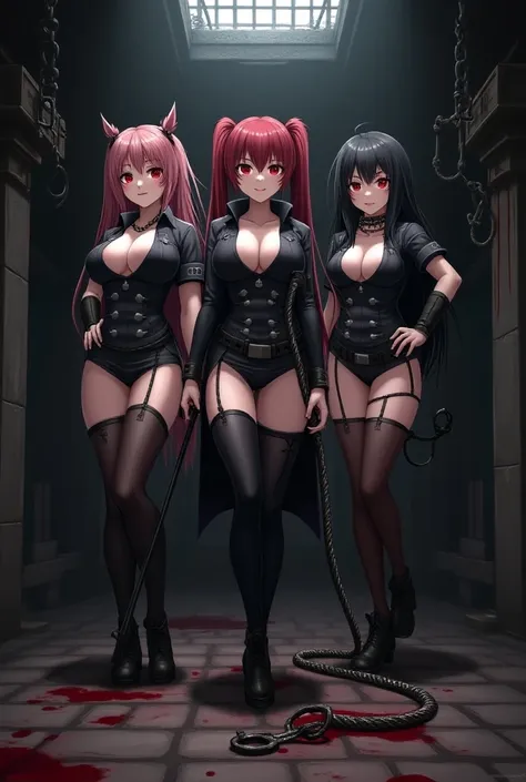  dark and bloody medieval European style prison 、BDSM style prison 、 restraints for hanging from the ceiling 、There are few whips, handcuffs, and 、Evil female executive、SM Queen、 is a twin tail hairstyle、 shortcut、Long Hair Randomly 、Red eyes、Hair color is...