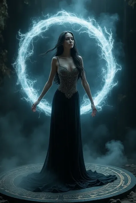 Full Body photorealistic of beautiful and gorgeous Celestial Magwayen,,  the goddess of the sea and Underworld. Wearing black jewelled costume. Her body was covered with bursting energy aura, she is standing on black magic circle..