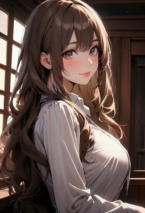 slender, mature female,1girl, rating:safe, long_hair, shirt, brown_hair, solo, blush, brown_eyes, white_shirt, looking_at_viewer, bangs, long_sleeves, breasts, large_breasts, eyebrows_visible_through_hair, hair_between_eyes, upper_body, closed_mouth, colla...