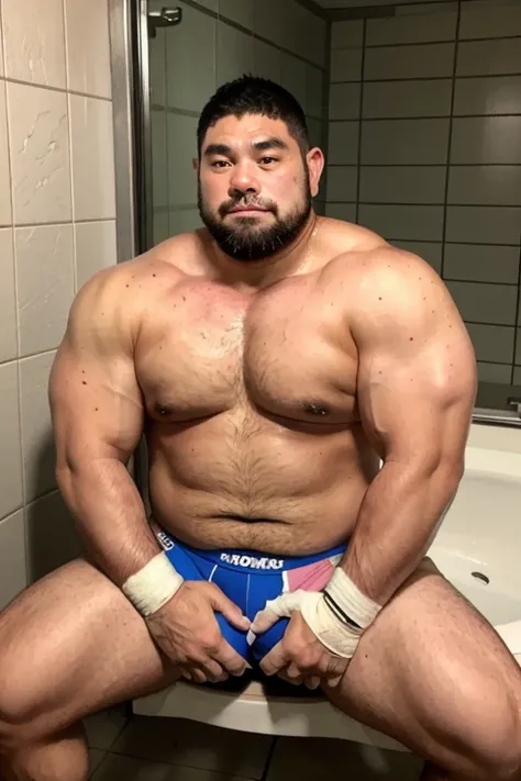 30s, large Japanese man, stocky ,shirtless, shaven head ,chest hair, thick body hair, The beard is clean shaven,full body, rugby player,broad shoulders, thick neck, thick thigh muscles, thick calf muscles, thick arm muscles, tanned dark skin, body wet with...