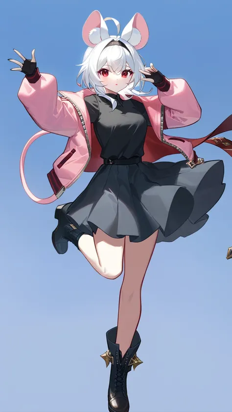 absurd res, high res, (masterpiece:1.4) (/genshin impact/), white hair, red eyes, white mouse ears, short pink jacket with black shirt, black boots, red eyeliner,  full body