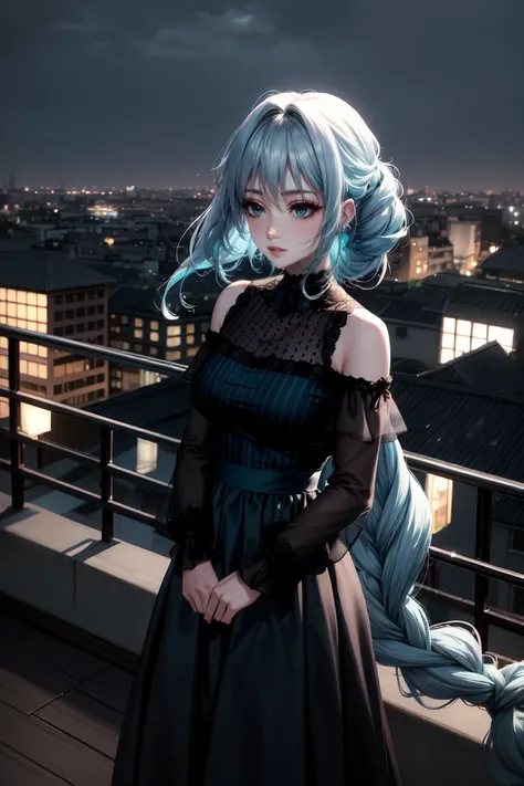 Highly detailed and realistic, soft lighting, cool tones. A girl with long, flowing hair (with a gradient of dark blue and teal) sways gently in the wind on a rooftop. Her hair, slightly tousled yet elegant, bathes in soft sunlight, with subtle reflections...