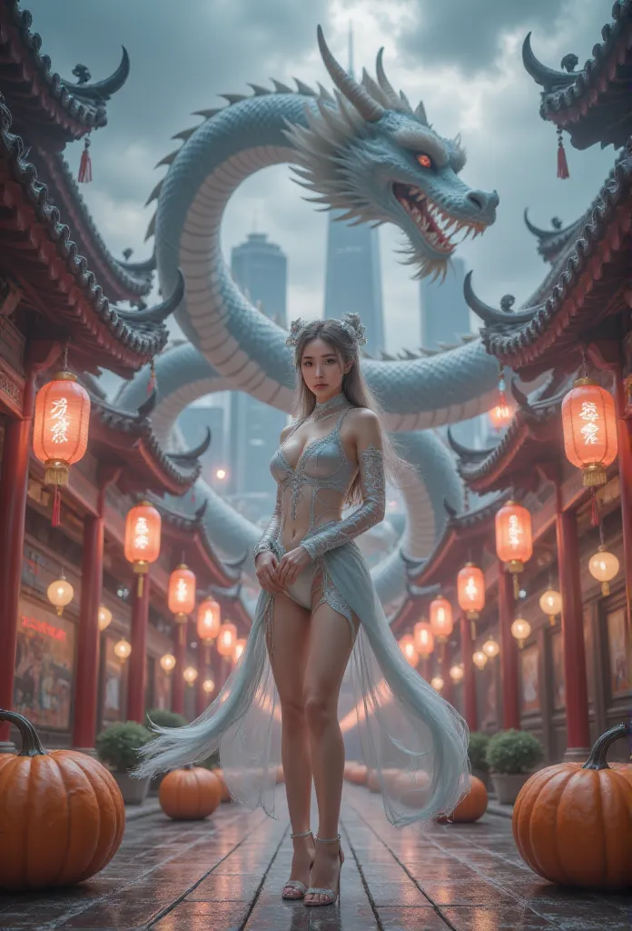 1 woman, there is a dragon behind，lightning thunder，street上有巨大的南瓜，masterpiece, has the best quality, high resolution,  1 girl at...