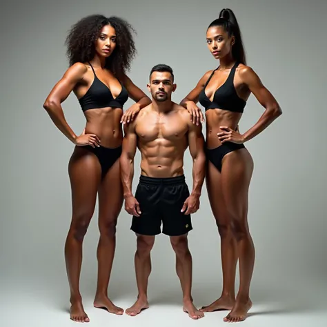 (Two Very Tall girls in the left and right, short man in the middle, the two girls are much taller than the man), girls are models, girls are ring girls, man is an mma fighters, girls are wearing black bras and shorts, man is shirtless and wearing black sh...