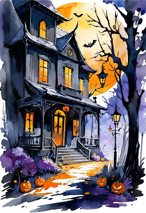 cheap rough sketch style drawn with watercolors, ink painting, and finger painting, Halloween Scenery, delicate and dynamic textures, contrasts of light and shadow, BREAK ultra detailed, absolutely resolution, best quality