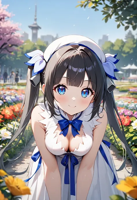 1girl, hestia \(danmachi\),l2v ,looking at viewer,character focus,leaning forward,flower,park,flower garden, cantonese opera car...