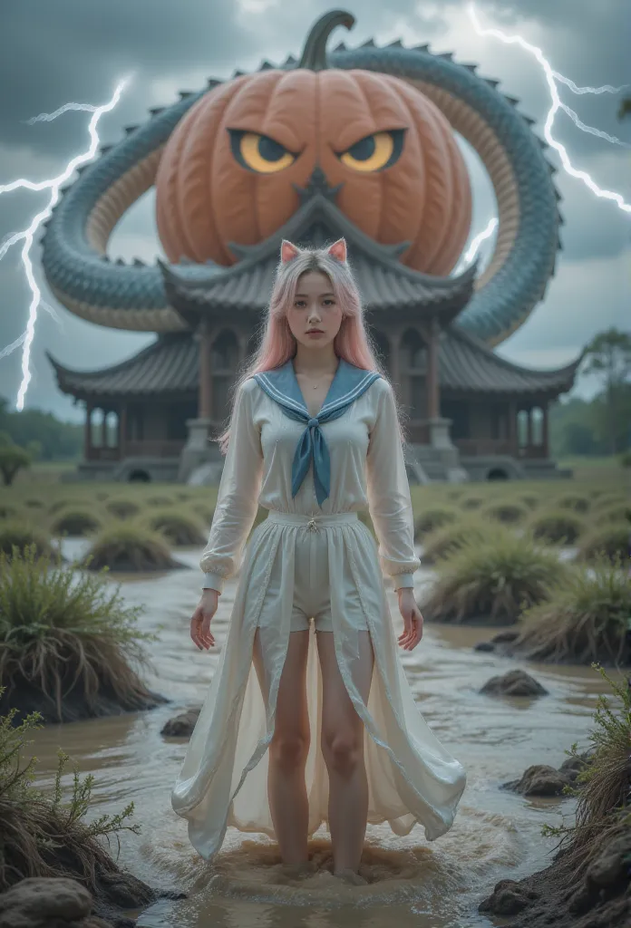 1 woman, 身后有中国巨龙，lightning thunder，there is a chinese dragon behind the huge pumpkin house ，direction, silver hair,   heart-shap...