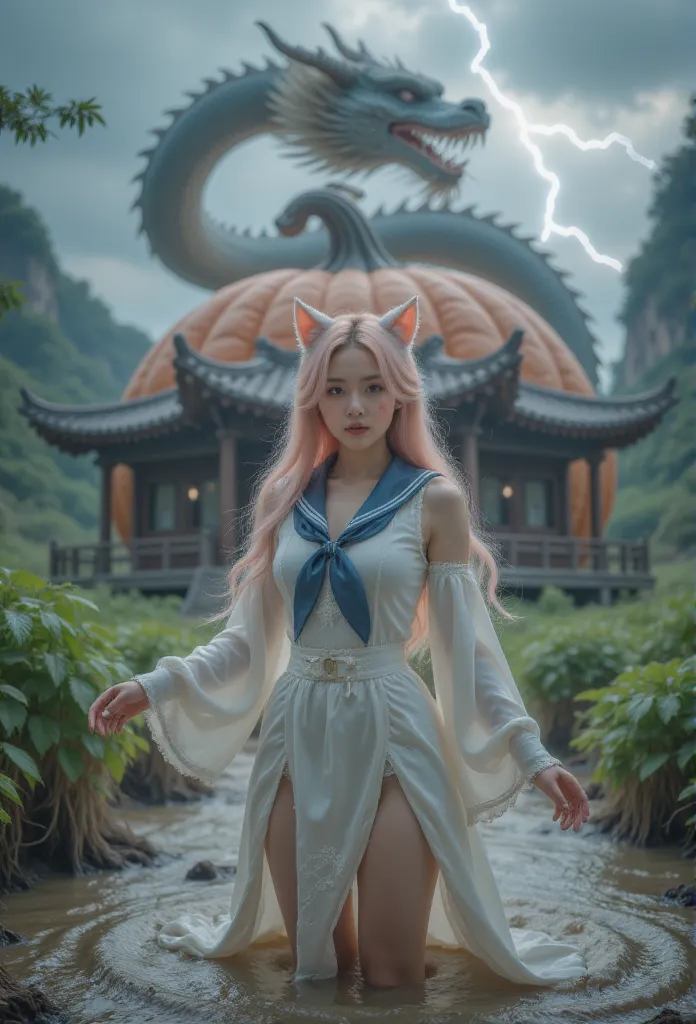 1 woman, 身后有中国巨龙，lightning thunder，there is a chinese dragon behind the huge pumpkin house ，direction, silver hair,   heart-shap...