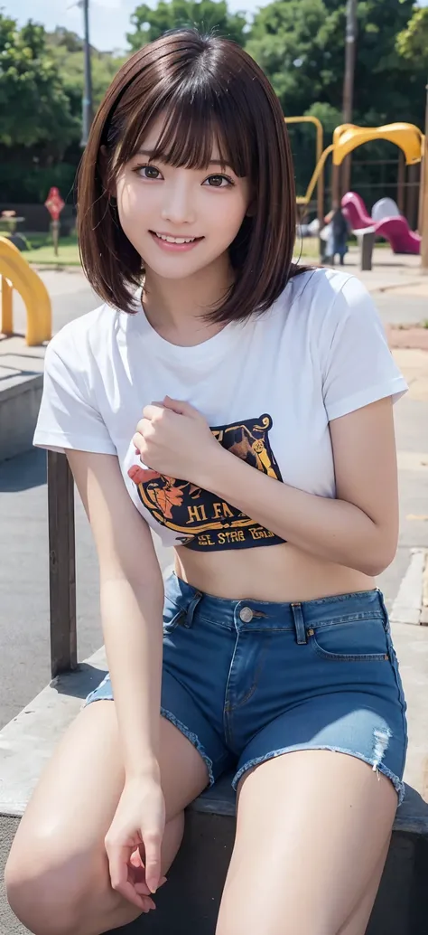 Beautiful girl, Sitting,  pulling the knees to the chest , Hug your feet, From the side, (Cropped T-shirt,   denim hot pants :1.3), (18 years old:1.3), break, ( Park playground equipment background), break, Shy laugh, baby face,  Very beautiful eyes , (Sym...