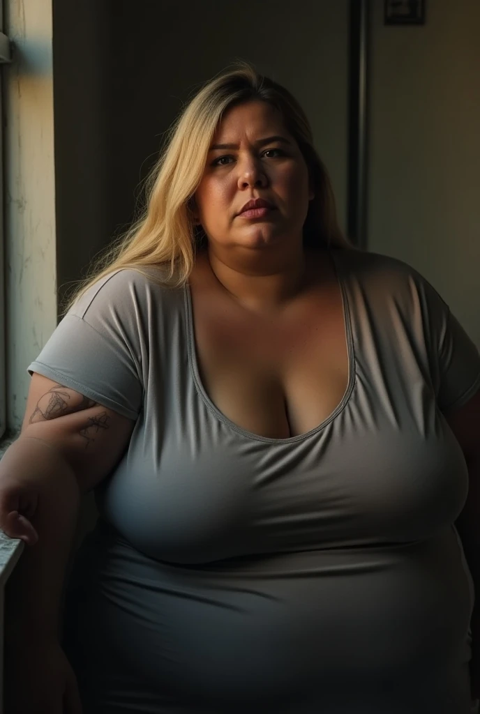 30-year-old colombian  very thick saggy  body, extreme huge AND saggy immense mórbid obese  Ssbbw woman, very chubby face,saggy big boobs, saggy hips, very dark skin without makeup with very extreme big boobs, long hair dyed blonde, She weighs 600-lb, wear...