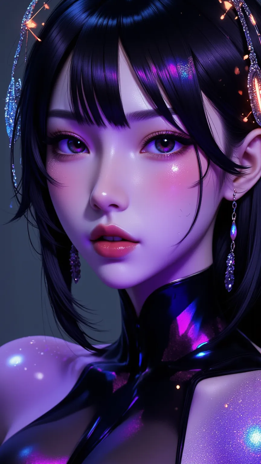 80’s glam rock makeup on shiny android face, anime, 2.5d, glittery face, moody lighting, (purples, pinks, and blues), iridescent...