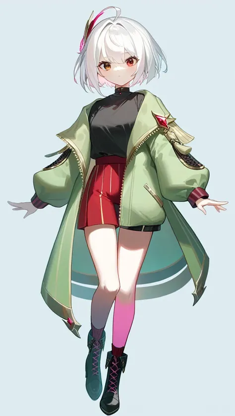 absurd res, high res, (masterpiece:1.4) (/genshin impact/), albino, white hair, red eyes, brown eyes, short hair, chinese hairstyle, short pink stripped green jacket with black shirt, black boots, red eyeliner,  full body