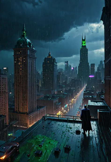 a dramatic aerial shot of gotham city skyline, dark clouds and heavy rain, neon city lights, batman and joker in an intense roof...