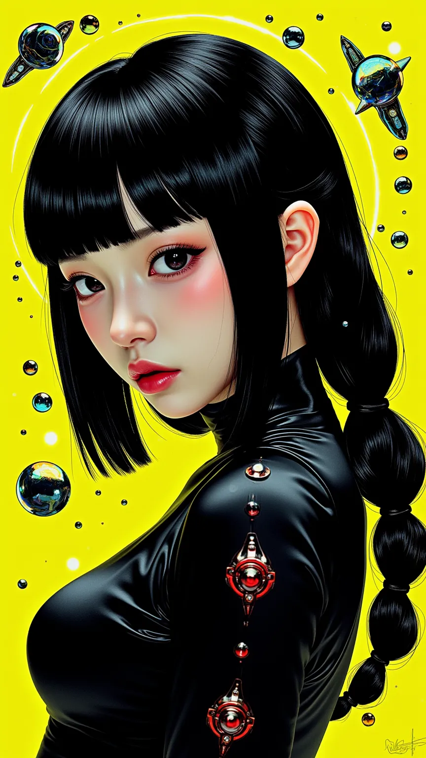 ((best quality)), ((masterpiece)), (detailed), perfect face of cyberpunk mecha japanese girl, shiny black eyes, shiny black body...