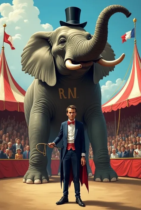  Satirical image of Emmanuel Macron tamer of an elephant in a circus. 
The elephant has an RN inscription on the side .