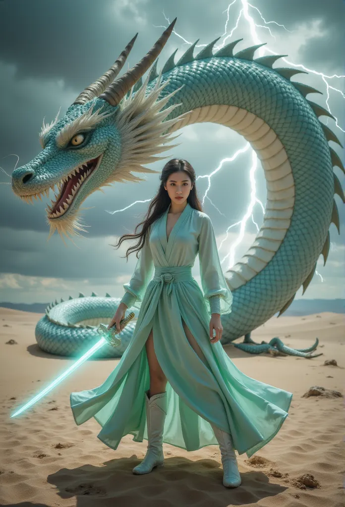  1 beautiful girl,   unique，Behind it is a huge Chinese dragon，lightning，desert，Wild Wind ，Female Swordsman，Hand on the hilt，Jade Blade Sparkles ，Front view, whole body， (( has the best quality)), ((masterpiece)), (( actual ))， Ultra HD，