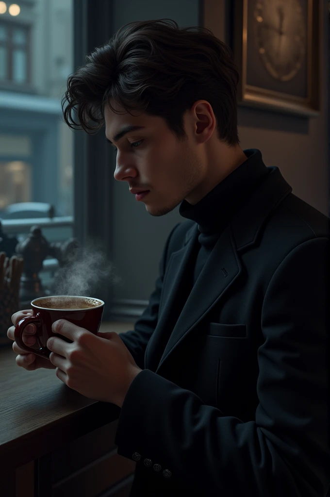 Boy drinking coffee in black clothes 
