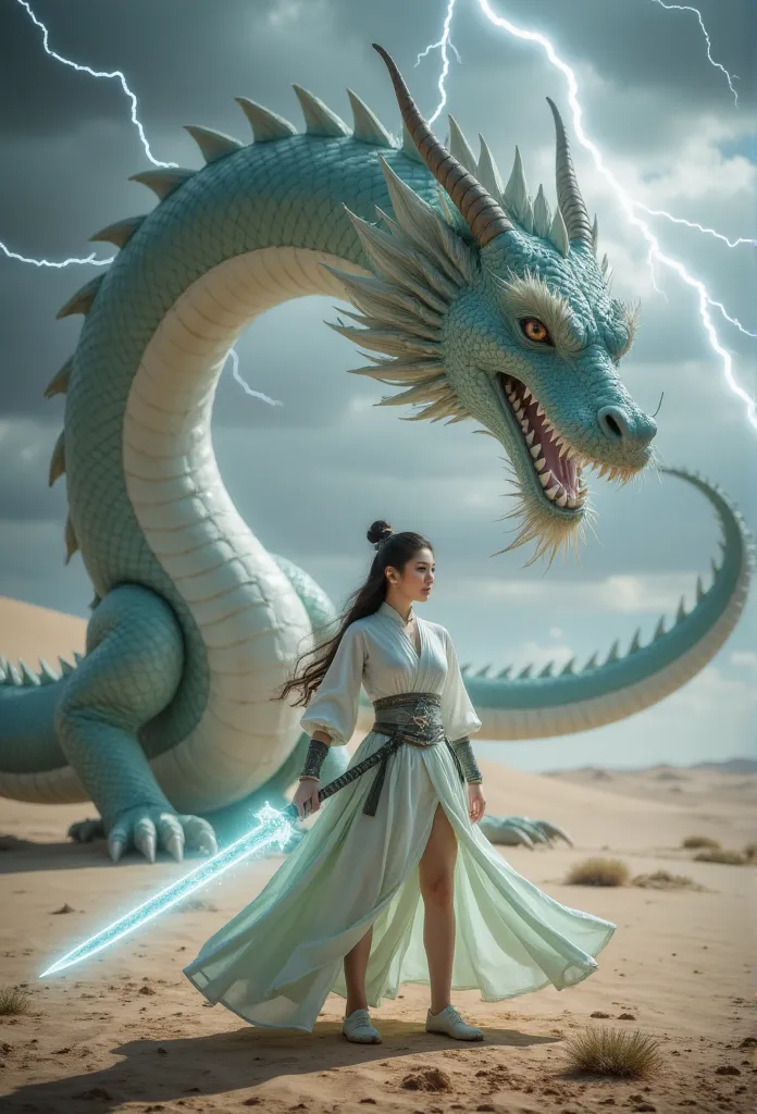 1 beautiful girl,   unique， behind them there is a huge chinese dragon，dragons have dragon claws ，lightning，desert，wild wind ，fe...