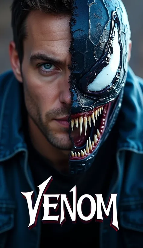 Create a stunning movie poster inspired by Marvels Venom, close-up of a male enitiy, one half of his body is of human wearing a blue jacket, the other half his body is alien character venom with movie like vfx skin and tentacles, The title VENOM should be ...