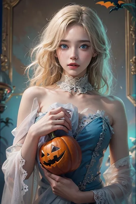 masterpiece: 1.2, Portraiture, Best Quality), Realistic, (live-action,  complicated details,  written border depth), Best Quality, masterpiece,  Attention to Details , semi-Realistic,  blue eyes , blonde、  Slim Body 、Shoulder Bare、 Halloween 