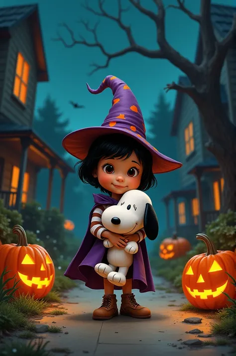 A girl on Halloween with the name Lucy and with a Snoopy doll, she has short black hair and tan skin. 