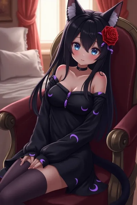 Female nekojin with above average physique, ebony smooth hair reaches towards her mid back, sky blue eyes and a black tail, wearing a casual nightwear outfit in the colors of black with purple crescent pictures on it, the background in a royal castle bedro...