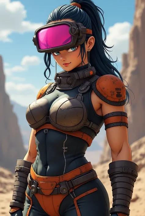 The character Fasha from dbz in her usual Saiyan armor wearing a pink lens scouter from the series 