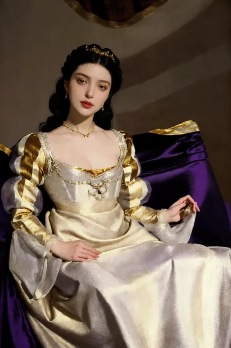 Gracie Abrams with black hair  gathered into an updo of loose curls, adorned with a gold-and- diamond Renaissance style hairnet and wearing a gown of lustrous orchid purple shimmersilk. the gold-trimmed bodice was a snug-fitting affair with a square shaped...