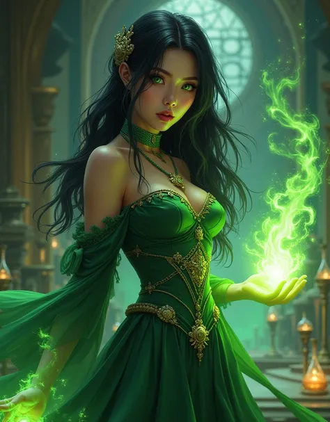 sorceress who can control alchemy with a height of 1.60, young adult,  meso-morphic body , with light skin,  green eye color (Asians),  long hair , black color.