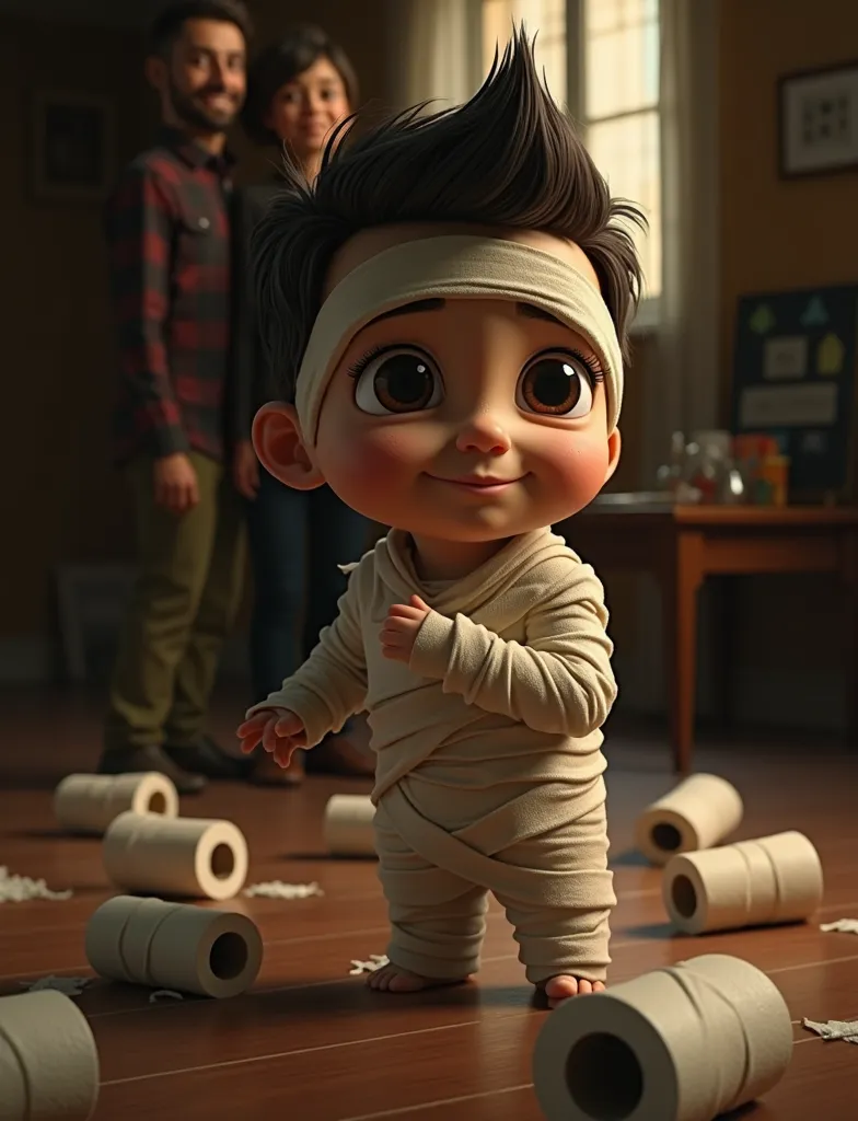 boy disguised as a mummy ,  wrapped with toilet paper ,  rolls of toilet paper rolling on the floor, funny scene,  pairs standing in the background of the scene ,  laughing when he sees his son in costume , UHD, Retina, masterpiece, Accurate, Anatomically correct, textured skin, Super detail, high details,  high quality ,  award winning , best quality, highres, 1080P, HD, 16K